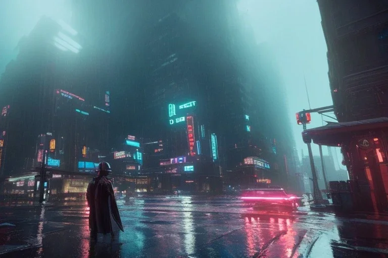 3D, beautiful, light reflecting, empty future city at night, rainy night, neon, cyberpunk, tron, person with helmet walking