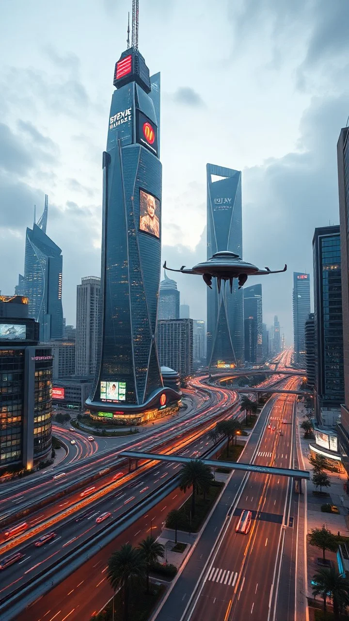 City of tomorrow made of futuristic building and flying android and lights and big screen on the building of highways and streets lights