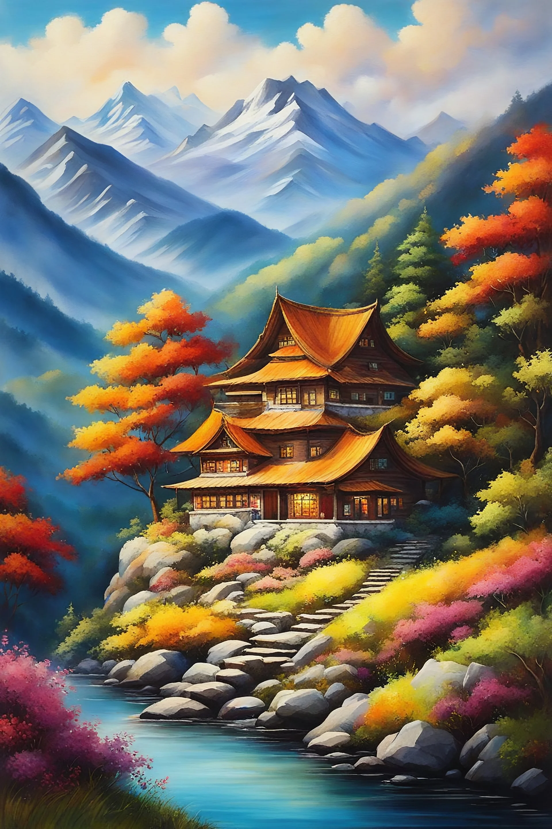 Beautiful house on a mountain, traditional painting, vibrant colors, breathtaking landscape, high quality, traditional art style, warm tones, natural lighting