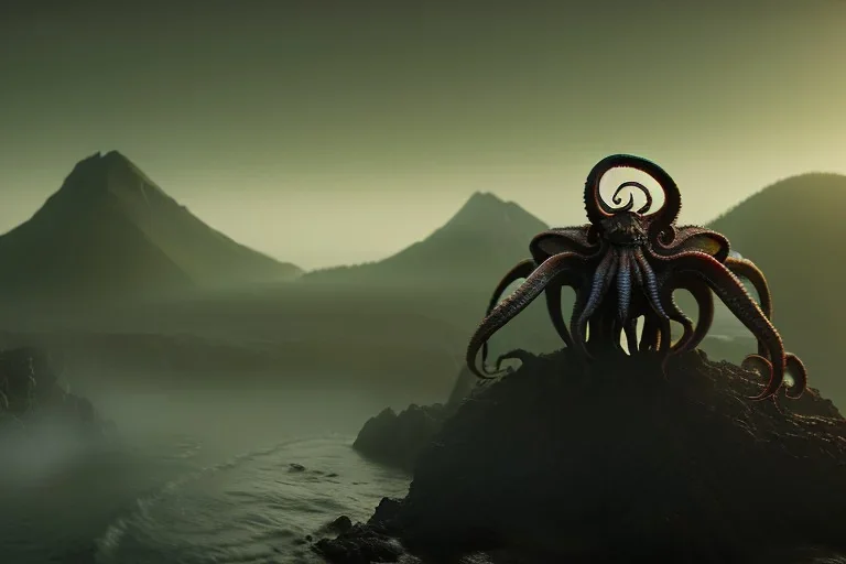 Cthulhu rising, dark, ocean, mist, mountains in background