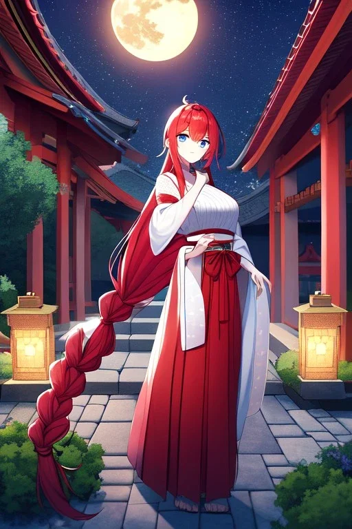 girl, masterpiece, best quality, cinematic lighting, detailed outfit, vibrant colors, perfect eyes, red hair, very long hair, braided ponytail, blue eyes, hakama, shrine, moon, starry sky, plants, stone walkway,