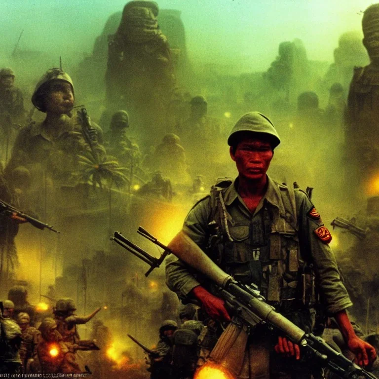 vietnam war. war report. jungle. poster. bokeh. lens flare. warm lights. high detailed. beksinski