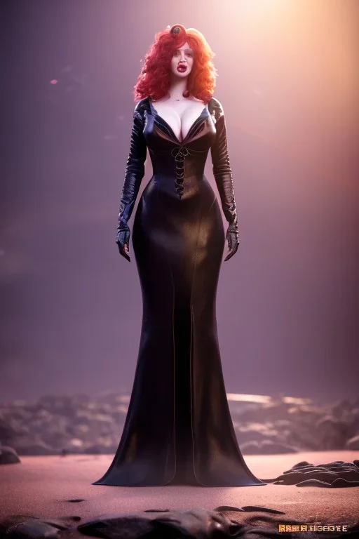 Christina Hendricks as evil queen in black leather gown, cleavage, angry, unreal 5, octane render,cinema4d, dynamic lighting, dramatic lighting, 4k, redshift render, highly detailed, hyper realistic