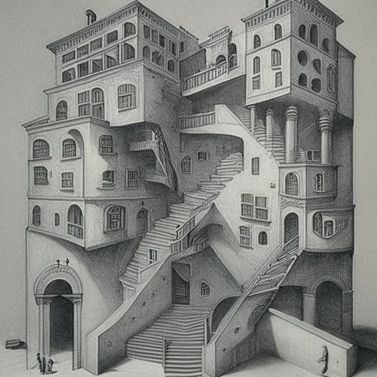 A building with stairs upside down and in several spacial dimensions and directions by artist "Escher" and "Piranesi"