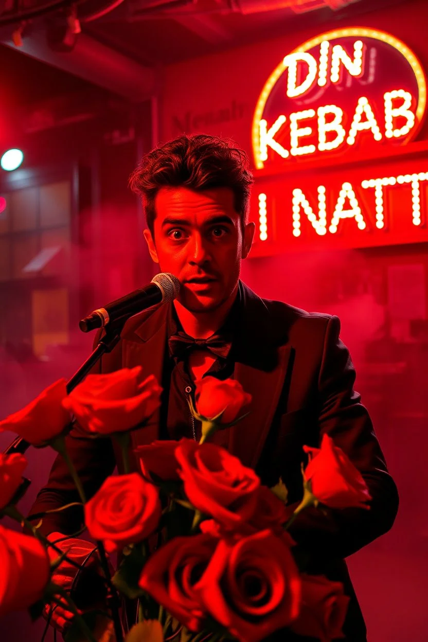 An spanish Guy with big eyes "Enrique" performing at dance club, his name is "Enrique" Red roses On stage, red Neon lights and smog, and "Din KEBAB I NATT" big sign on the wall, serenade under balcony