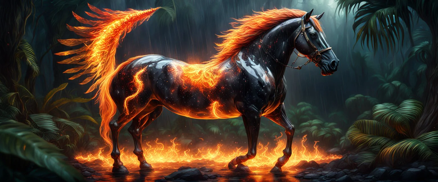 Hyper Realistic Crystal-Fire-horse-with-golden-horn & fire-wings inside a jungle at dark rainy night showing dramatic & cinematic ambiance.