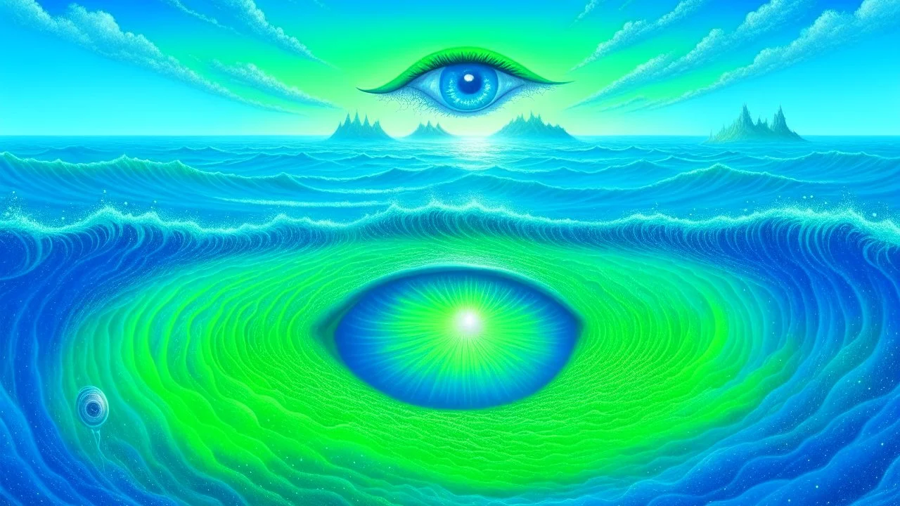 fantasy illustration of a beautiful pacific ocean, blue colors with big green eyes