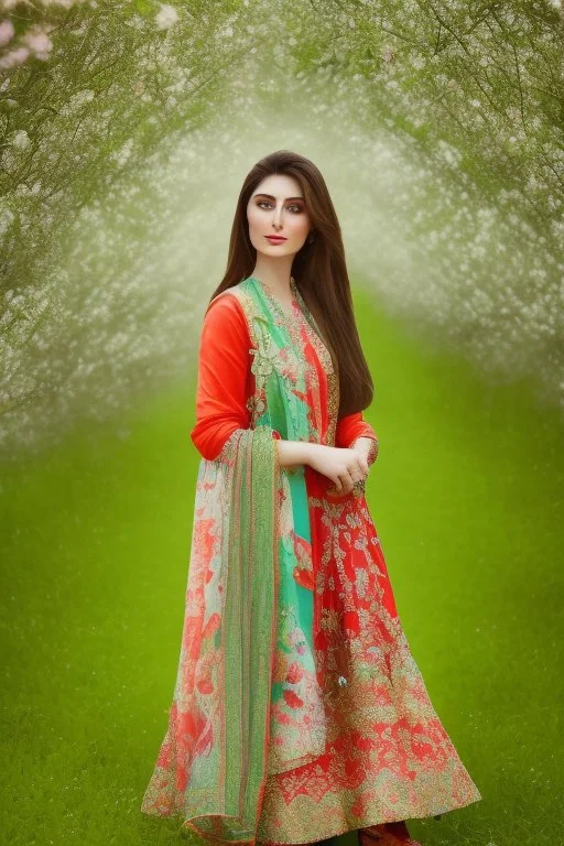 full body shot of very nice real face beautiful Ayeza Khan with make up standing in garden of Pomegranate and pear trees blossom, The almond trees wither, It's spring and it's summer, spring with green plants covering ground.