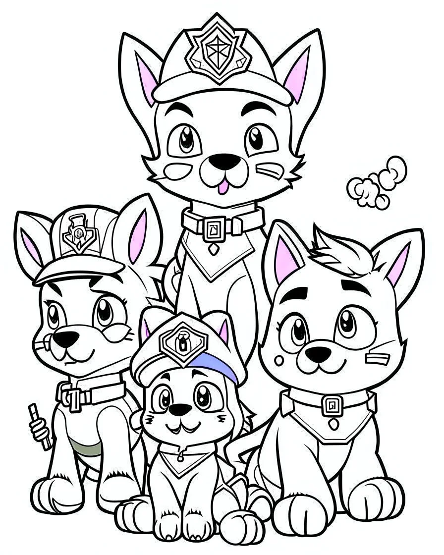 outline art for Paw Patrol Friends coloring page, Japanese manga style, cartoon style, cute face, white background sketch style, full body is a must, only use outline, clean line art, no shadow, bold outline