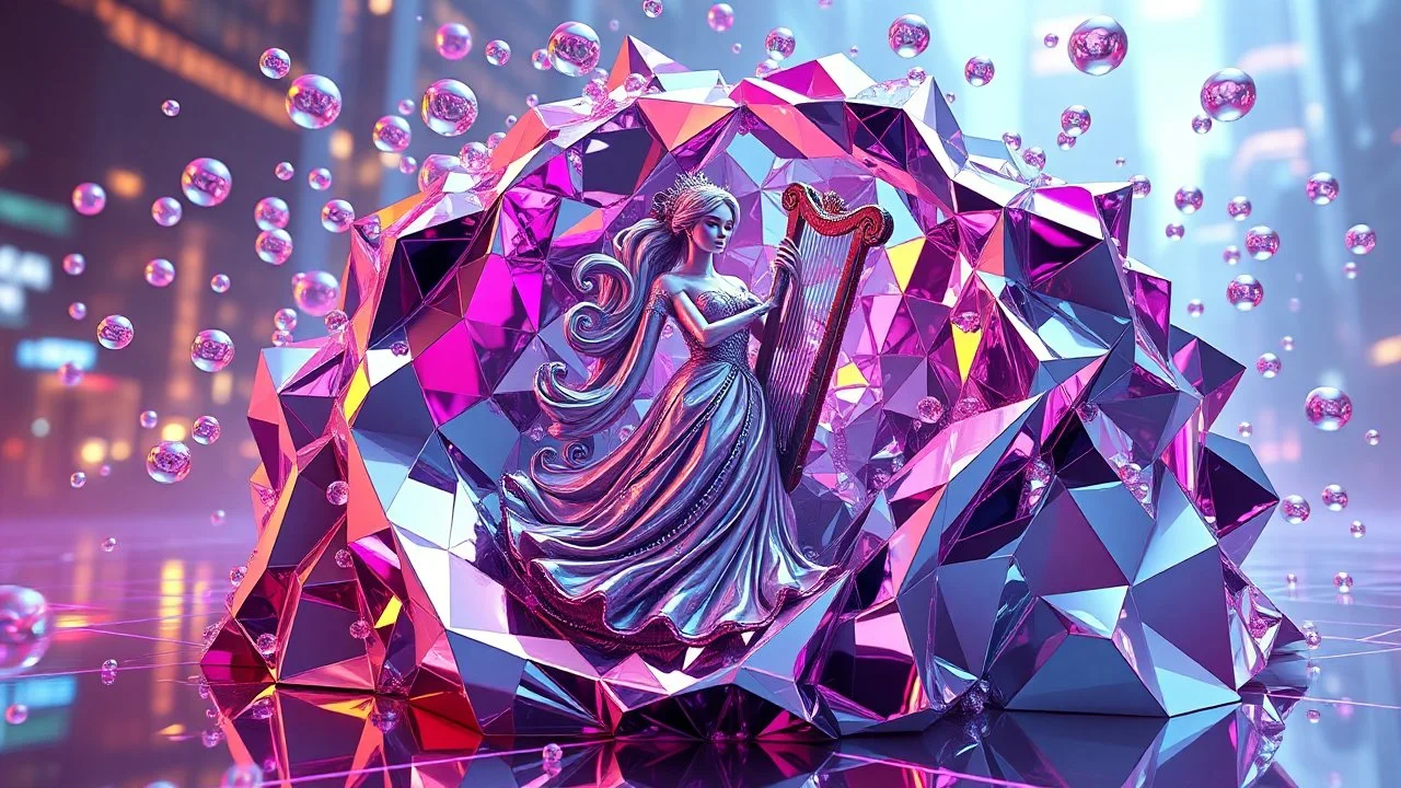 3d metalic and crystal recursive evolving and animating beveled geometric base very complex CIFY structure emiting bubbles that broke, goddess of love in a pretty cleric dress comes while playing harp gracefully , viberating color moving very in modern city escap environment while camera tracking it.write in down screen 3d animating"Made in Grok By:J.Babakan"