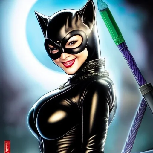 ultra detailed fullbody portrait of busty beautiful Catwoman, extremely detailed digital painting, intrincate, extremely detailed smiling face,crystal clear Big Green eyes, in the style of Ohrai Noriyoshi and robert e howard and pablo oliveira and Ken Kelley and Keith Parkinson,mystical colors,perfectly centered image, perfect composition, rim light, beautiful lighting,8k, stunning scene, raytracing