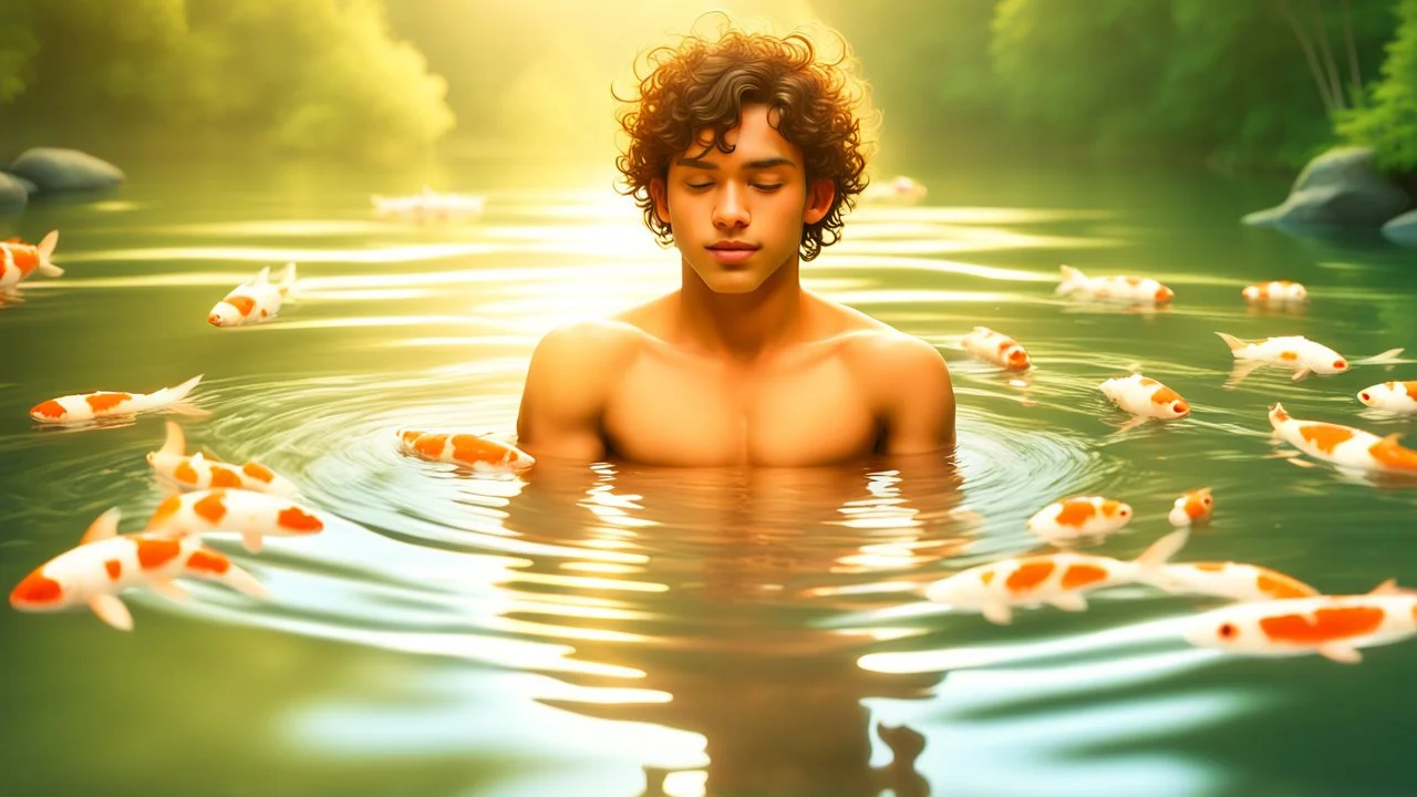 Young teen boy floating in water, relaxing, wearing short shorts, eyes closed, curly hair, full lips smiling, aesthetic physique, cute face, shirtless torso, warm skin tone, flawless skin, small nipples, thick curly hair, arms posed behind head, koi fish below surface, full body, forest background, low camera angle, calm clear water, dreamy atmosphere, high resolution,