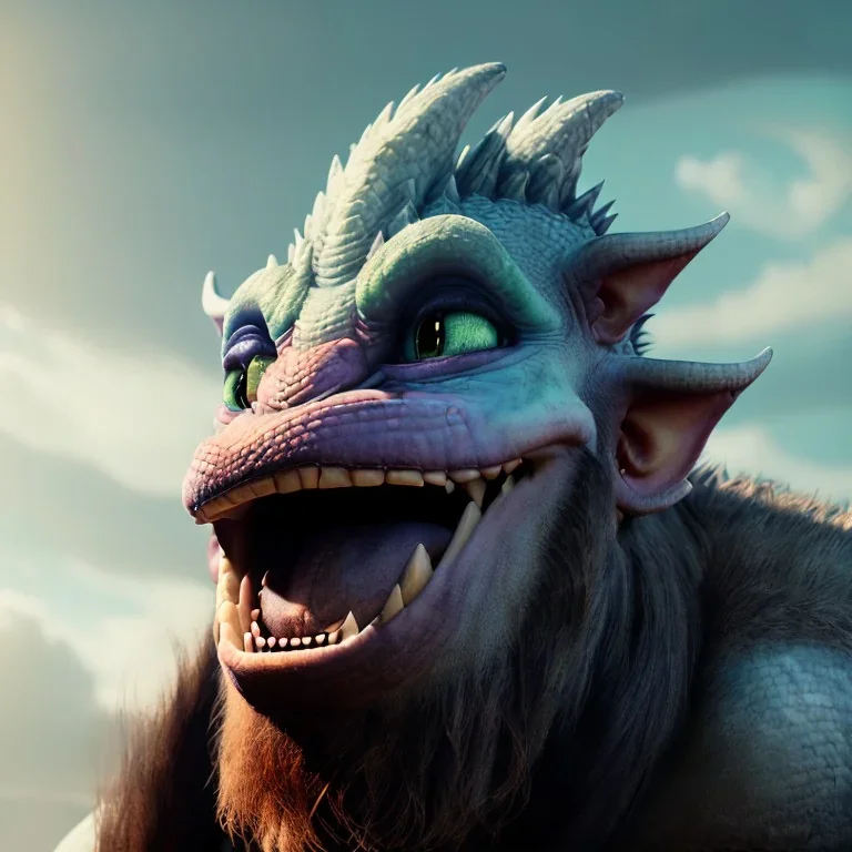 portrait photography of troll, dragon theme art, light happy atmosphere, 8K, close-up face, anatomically perfect face, clouds and sun, ignore NSFW