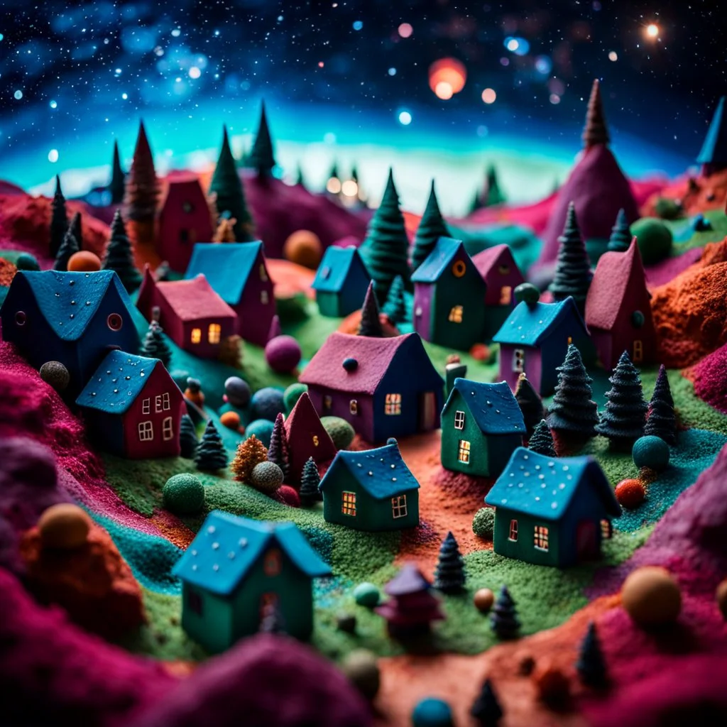 Odd dada village made of modeling clay, odd, sky filled with galaxies, stars and planets, block colours, houses, naïve, Tim Burton, Harry Potter, surreal landscape, sharp focus, colorful, bokeh, 8k, highly detailed, large format film, medium format film, shot on Hasselblad