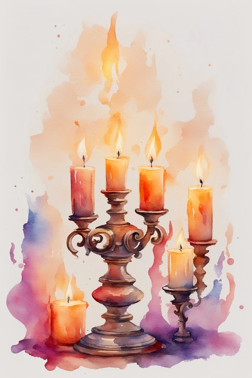 Watercolor candlestick with burning candles from the movie Beauty and the Beast on a light background