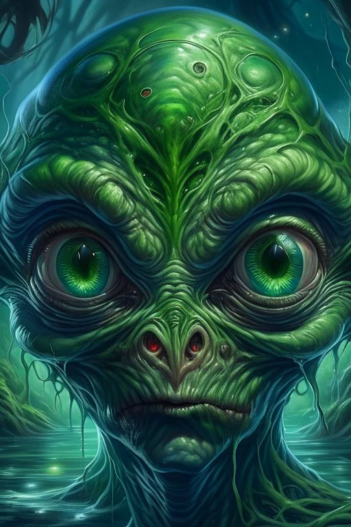 Swamp Thing, an out of this world alien character with big eyes, ominous, facepaint, waist up portrait, intricate, oil on canvas, masterpiece, expert, insanely detailed, 4k resolution, retroanime style, cute big circular reflective eyes, cinematic smooth, intricate detail , soft smooth lighting, soft pastel colors, painted Renaissance stylestyle