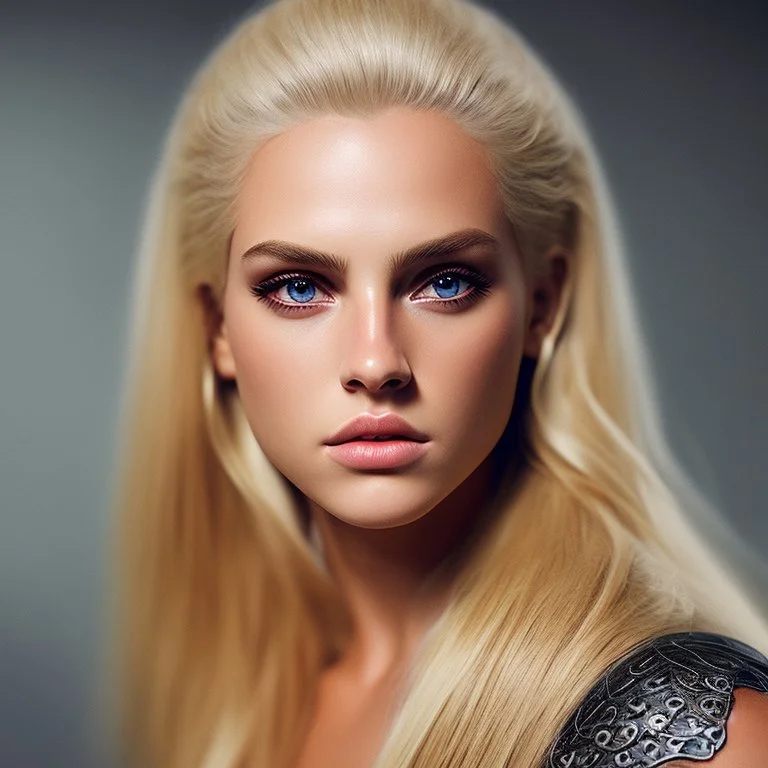 Photorealistic headshot of a fierce blonde warrior