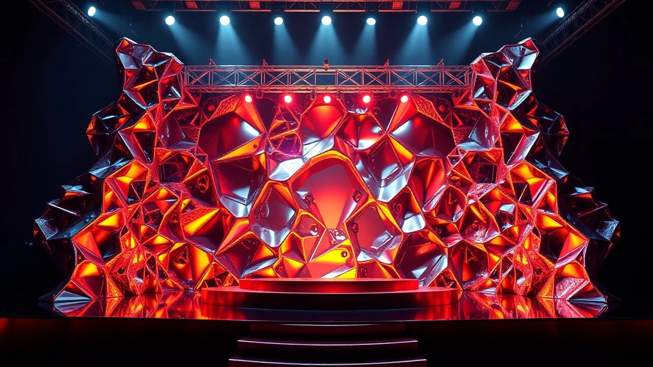 a 3d fractal stage structre made of metallic color 3d structures, pertty artistc background,dynamic lights