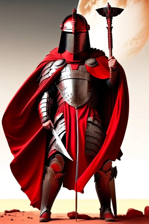 Planet Mars portrayed as a menacing man wearing Roman-like armour, a red cape, and a roman helmet that covers his face entirely, he is armed with a spear and a spartan shield, his armour is covered with battle marks