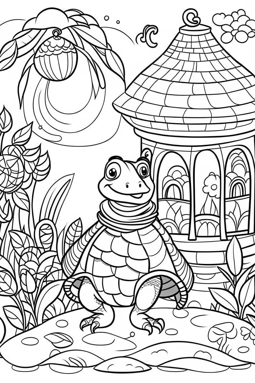 HAPPY NEW YEAR CELEBRATION coloring page for kids,Turtle carries lantern in New Year garden, thick outline, low details, no shading, no color