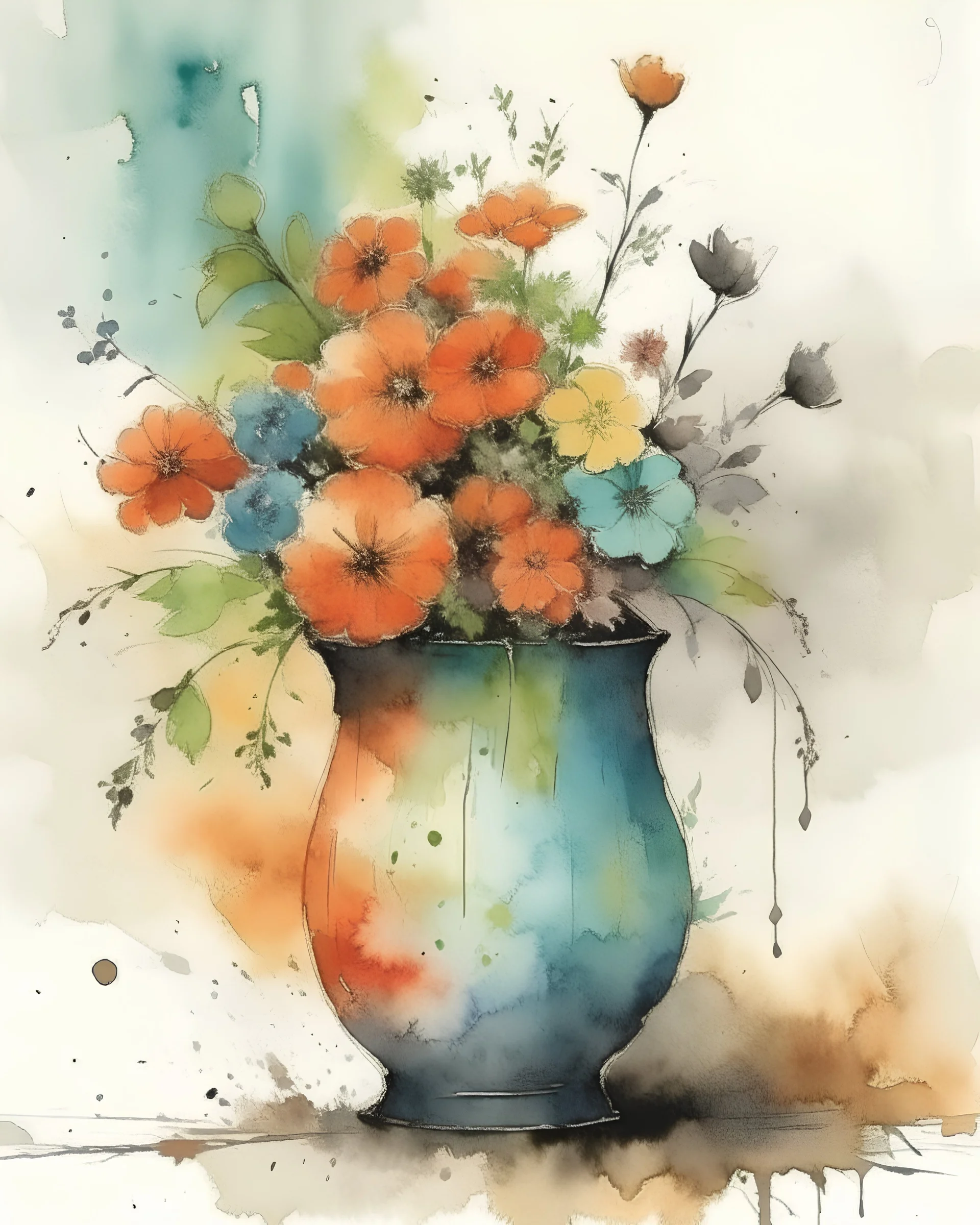 Watercolor painting, vase of flowers, grunge