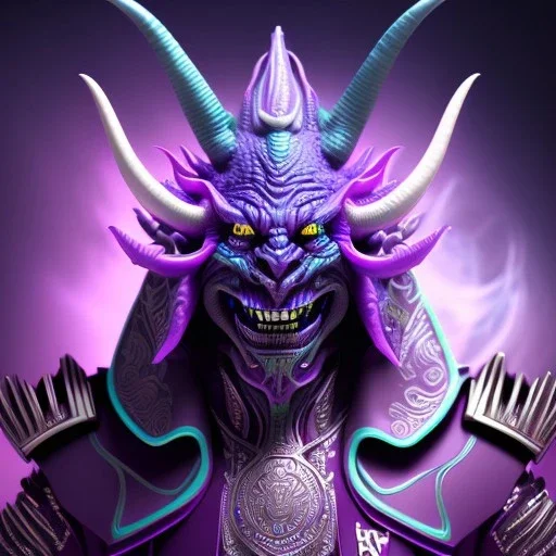 oni purple villain in galaxy, teal and purple smoke, detailed, realistic, 4k