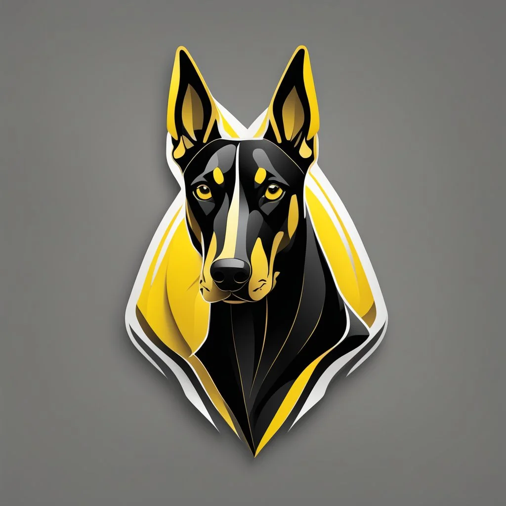 Front logo. 3D. Black, yellow and white palette Doberman dog in artistic style, minimalist