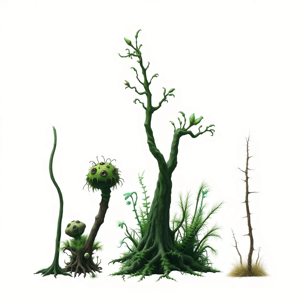 "Isolated concept art of multiple types of alien tree plant on a plain neutral background. Designed for different biomes: Forest biome – lush, dense, tall grass with strange broad blades, glowing tips, and twisted leaves. Swamp biome – slimy, wet, moss-like grass with tangled roots, bioluminescent details, and spongy textures. Desert biome – dry, spiky, brittle grass with sharp edges, thorn-like blades, and pale dusty colors. Each grass type should have a unique silhouette and texture.