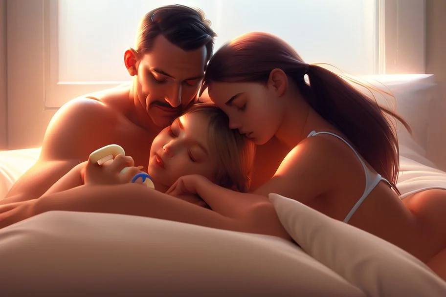 Digital painting of dad cuddling two beautiful young teenage girl in a swimsuit on a bed. eating a banana. with dad, artstation, 8k, extremely detailed, ornate, cinematic lighting, vivid.