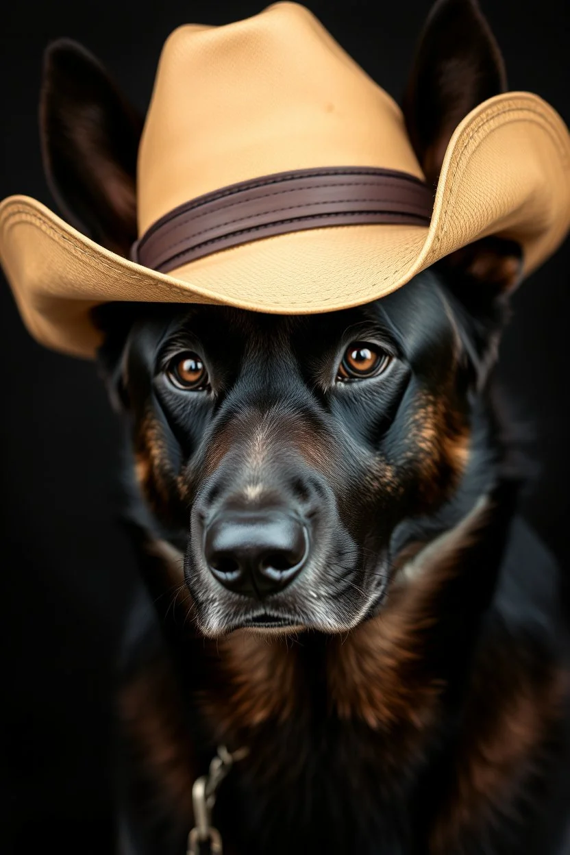 Portrait of a dark german shepherd dark skin male wearing a cowboy hat