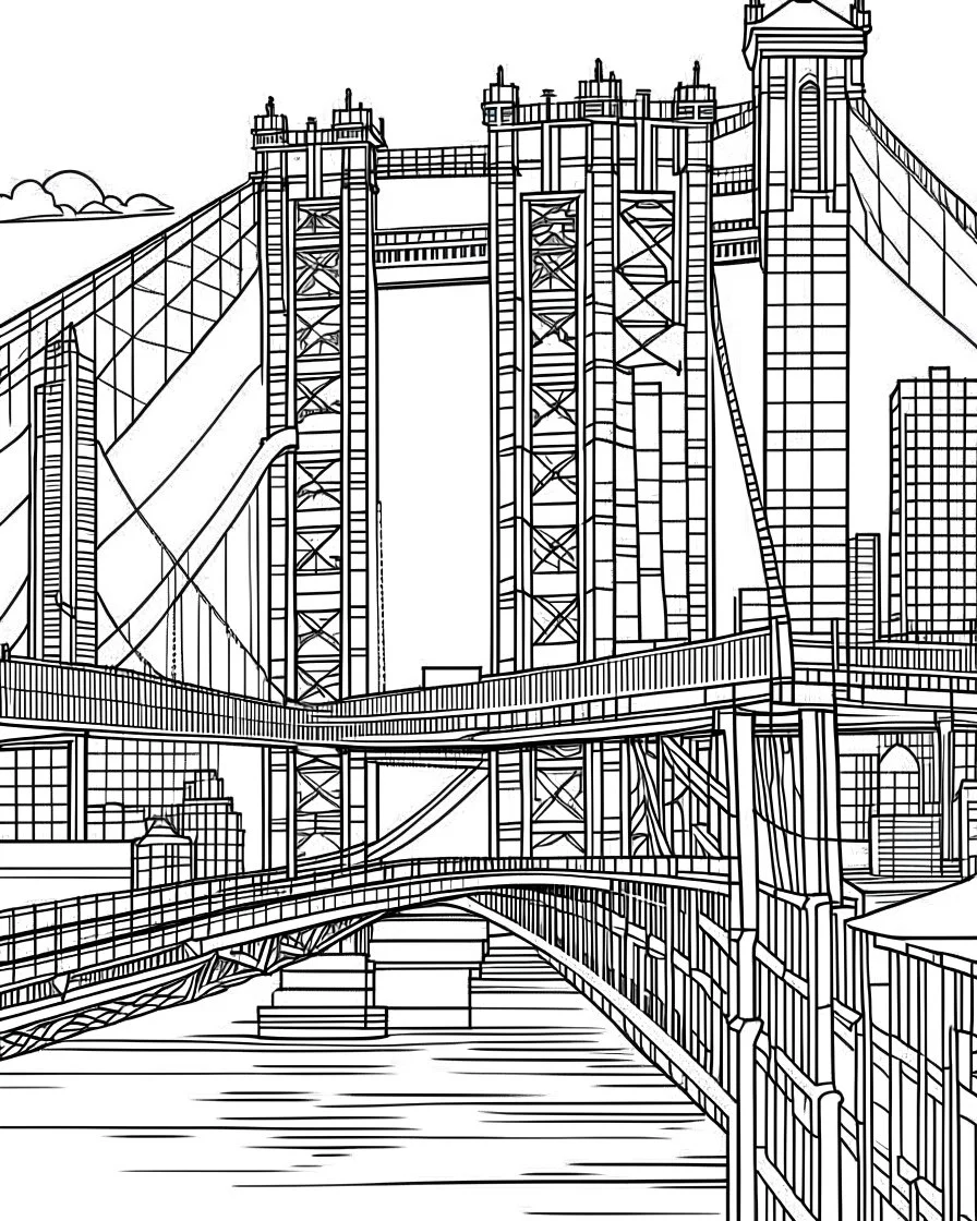 New York City Bridge coloring page, full body (((((white background))))), only use an outline., real style, line art, white color, clean line art, white background, Sketch style.