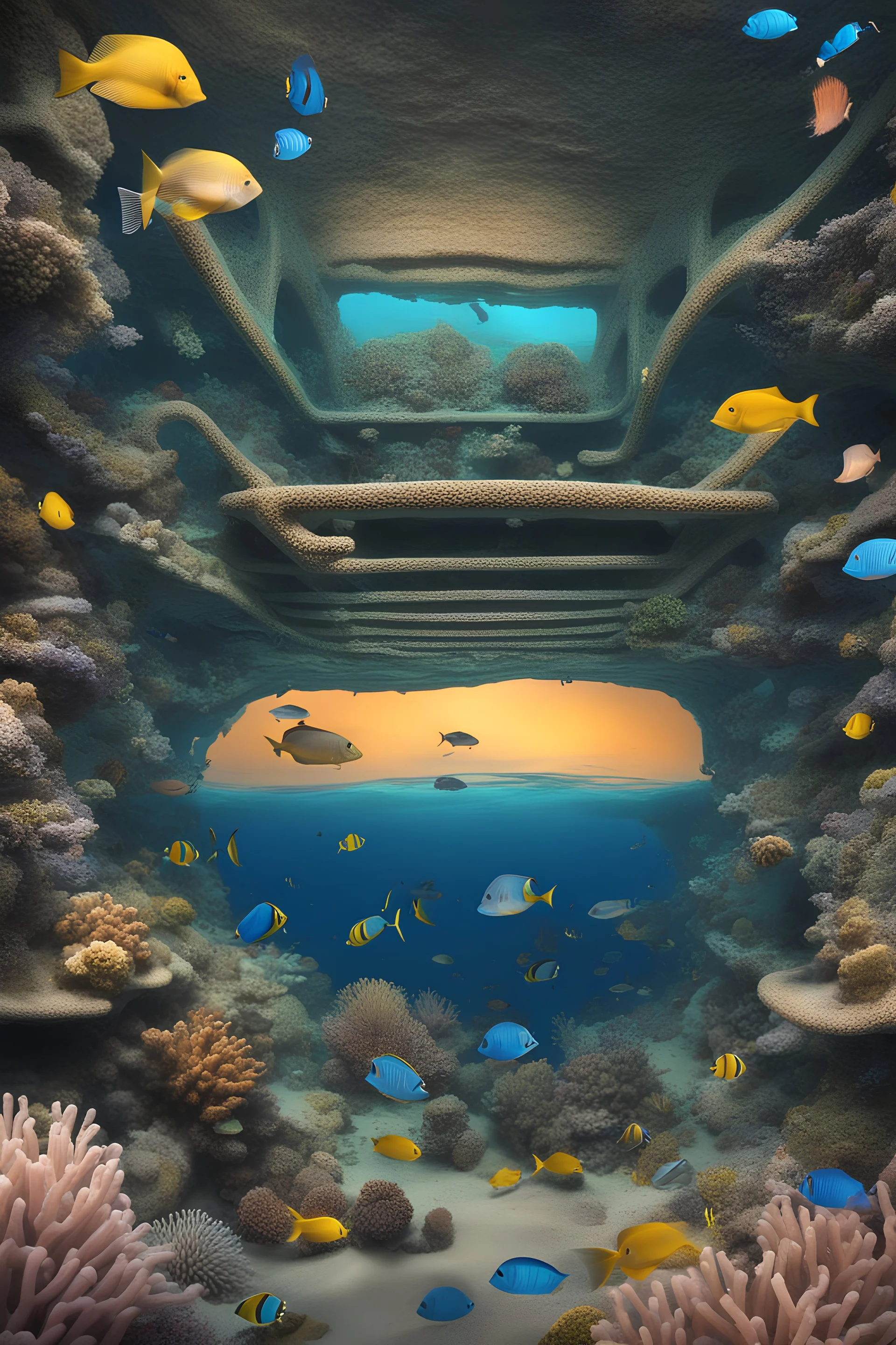 A sunken shipwreck adorned with coral and surrounded by curious marine life, waiting to be explored.