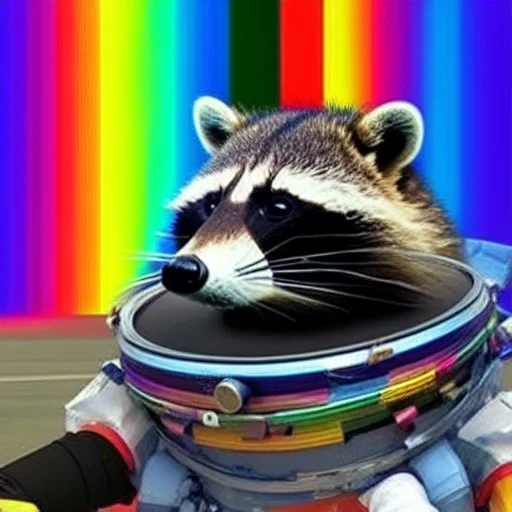 A raccoon astronaut riding a rainbow bike on a mission to gather space trash, jumping over asteroids as he goes.