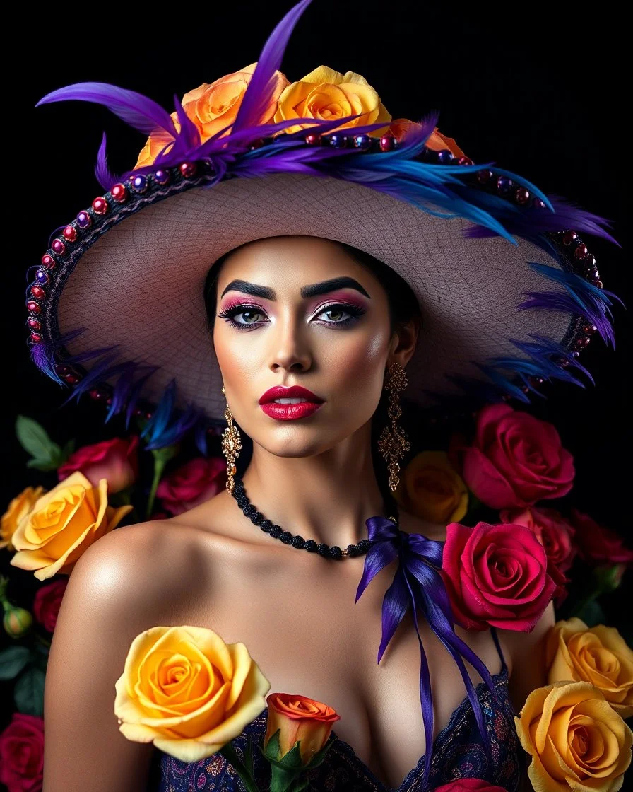 Photorealism Studio lightning perfection body beautiful pretty supermodel luxury glamours makeup artistic,wearing adorned large hat Mariachi mexican fashion Adorned Majestic feathers, fiery purples, deep blues, stark black bg, assortment of roses, full bloom, yellow, red, contrast, artistic flair, intricate details, textures, natural beauty, harmonious blend, adorned flowers background