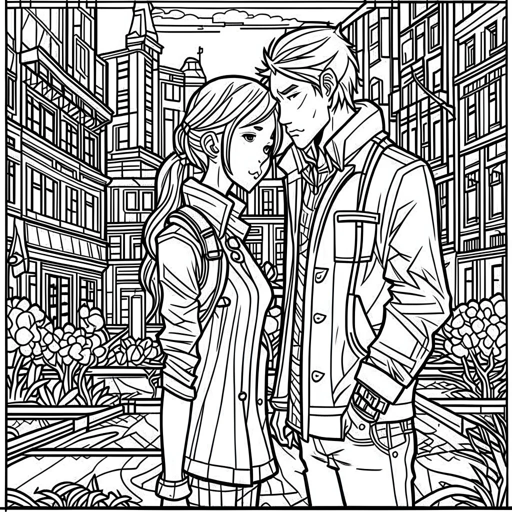 Cyberpunk style, coloring book page, cartoon modern style, couple love in city, whole couple view