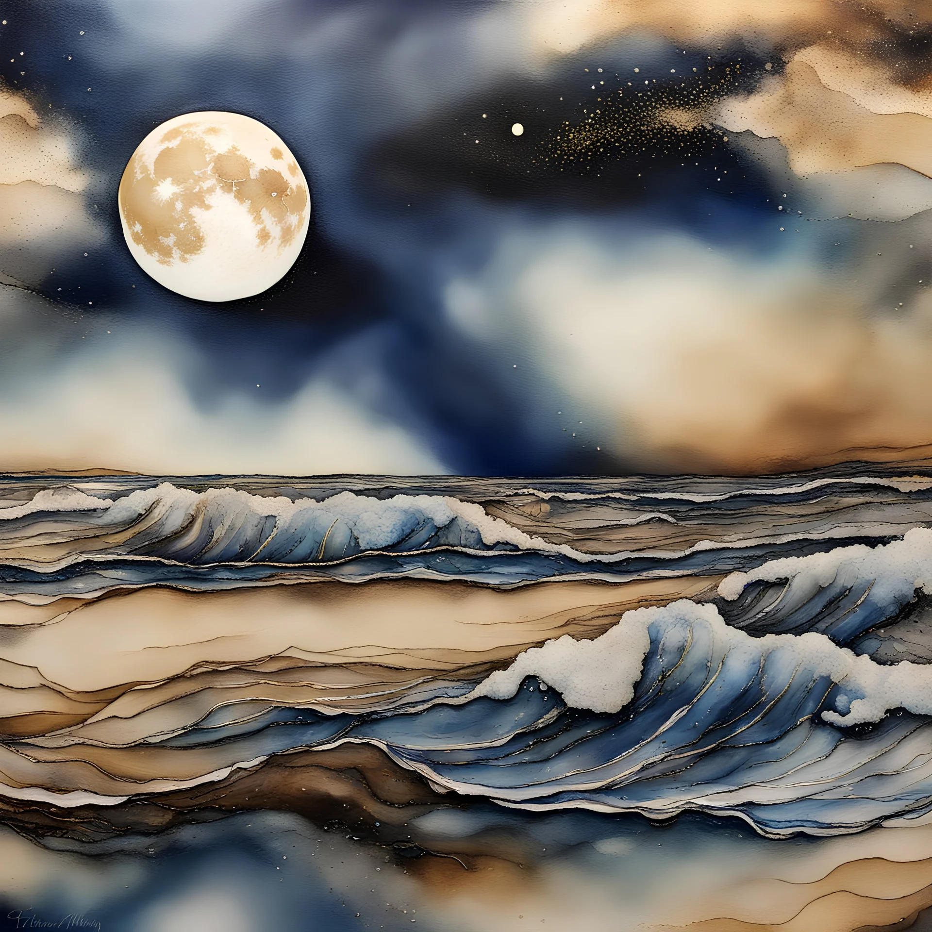 Alcohol ink art with thin black and gold lines at boundaries. Hyper realism, Fantasy, Surrealism, HD, Detailed. Centered. Shades of white, gold, tan, and deep blue. A beach with fine sand. Very large full moon on horizon. Reflection. Waves splashing in the night. Seashell. The sky filled with the cosmic wonder of the Milkyway. Starlit night.