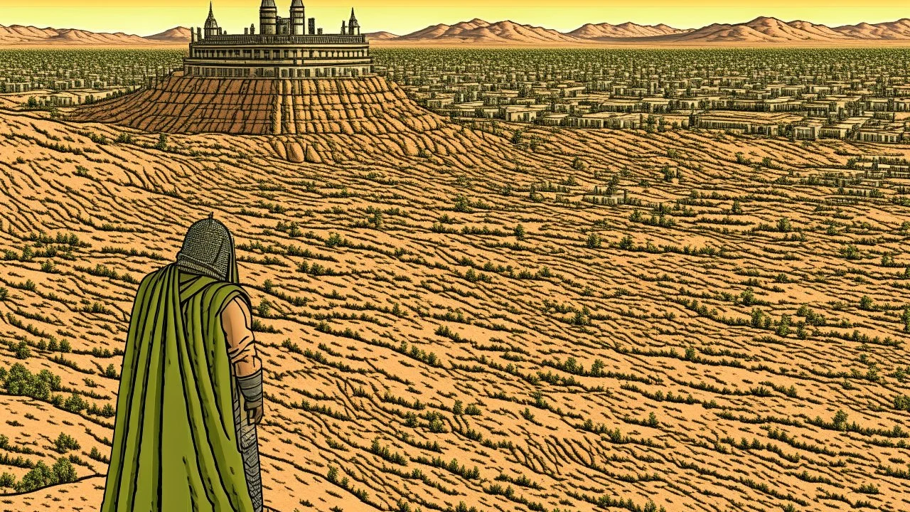 Desert warrior from behind looking at a city on a plato in the distance, comic style