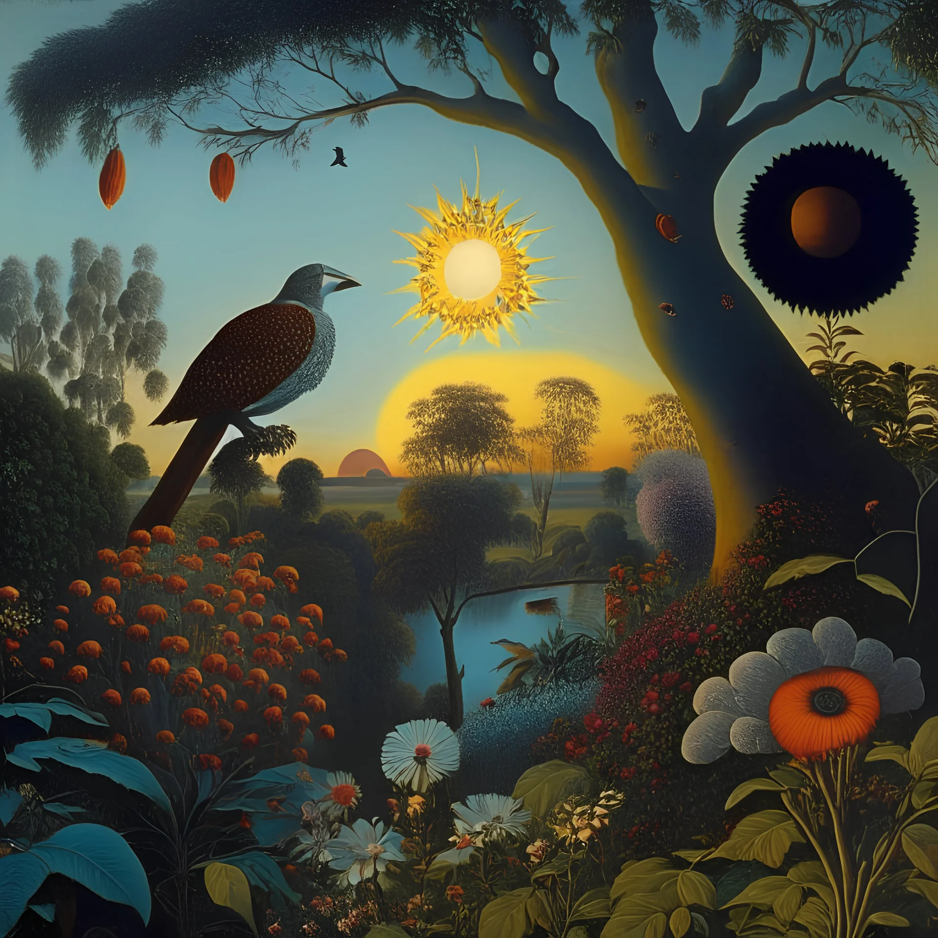 High definition photography of a marvelous landscape, birdman, trees, flowers, giant sun, intricate, Audubon, atmosphere of a Max Ernst painting, Henri Rousseau, thoughtful, interesting, appalling, smooth