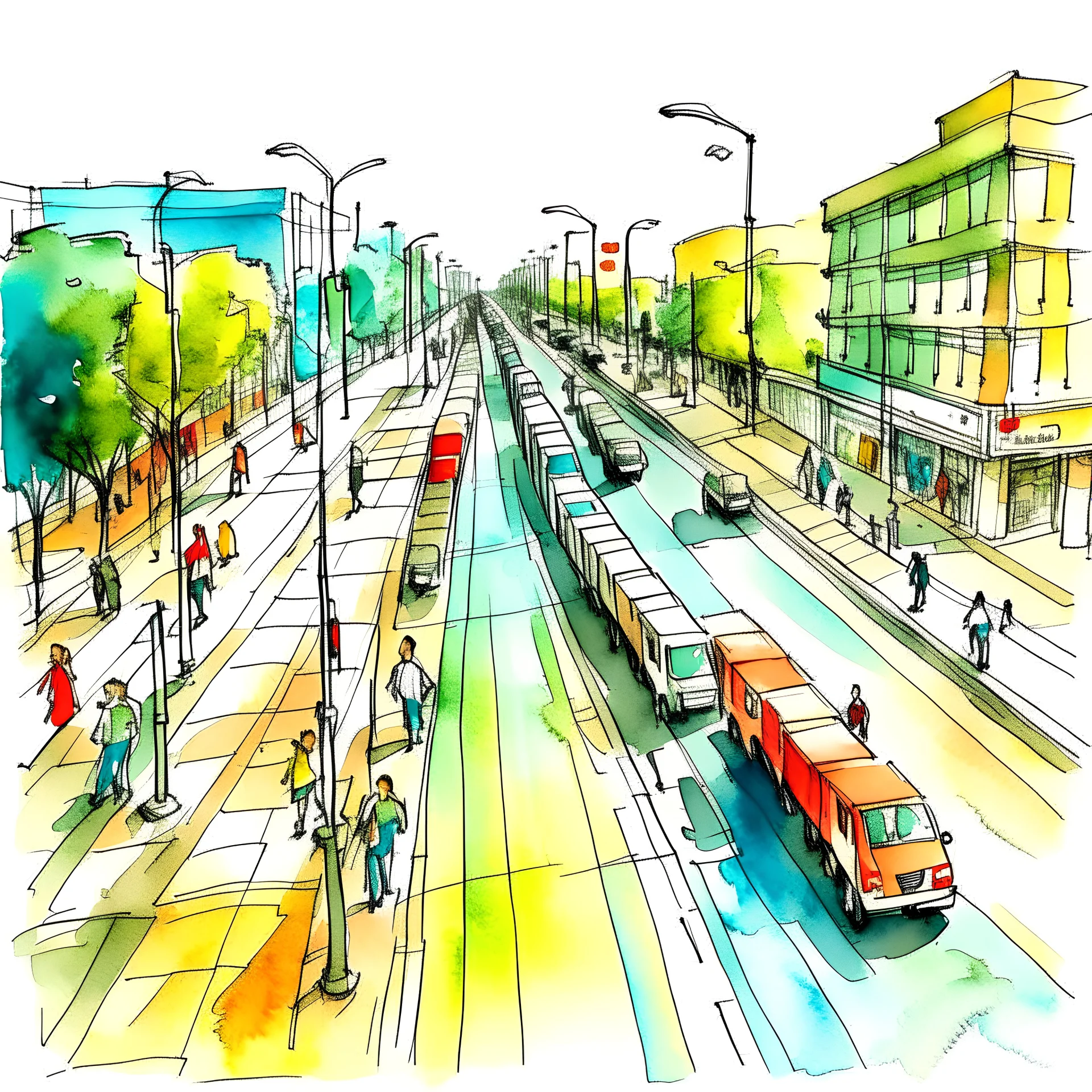 Basic sketch drawing with watercolors of highways with sidewalks, pedestrians, cycle paths, traffic lights and signage