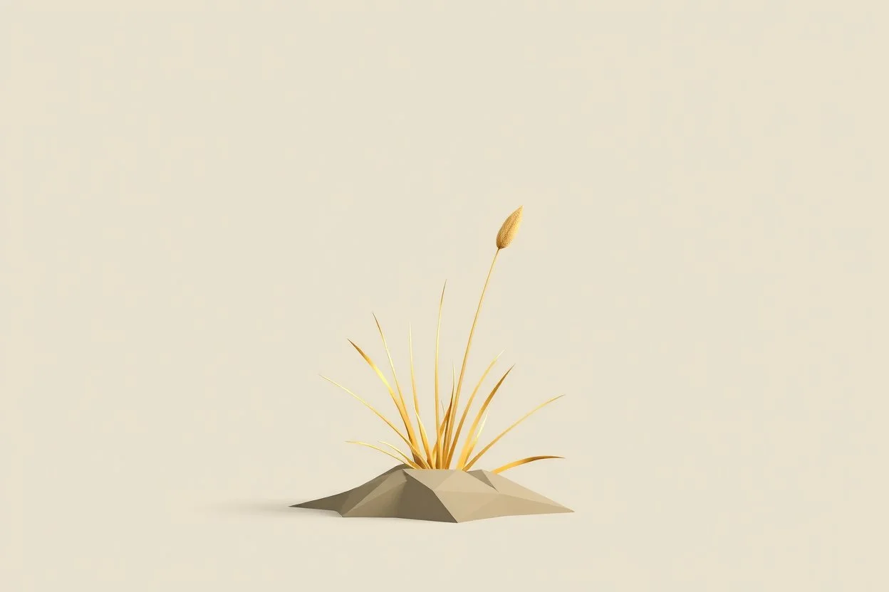 Isolated concept art of low poly stylized alien dry single leaf grass on a plain neutral background. Simple low-poly design with minimal details