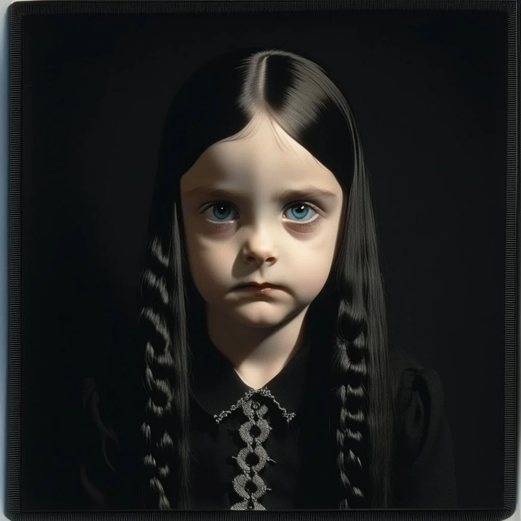 wednesday addams as a child, braids, a frange, with a black fur, polaroid, 1970s, empty black room, no emotion on her cold face