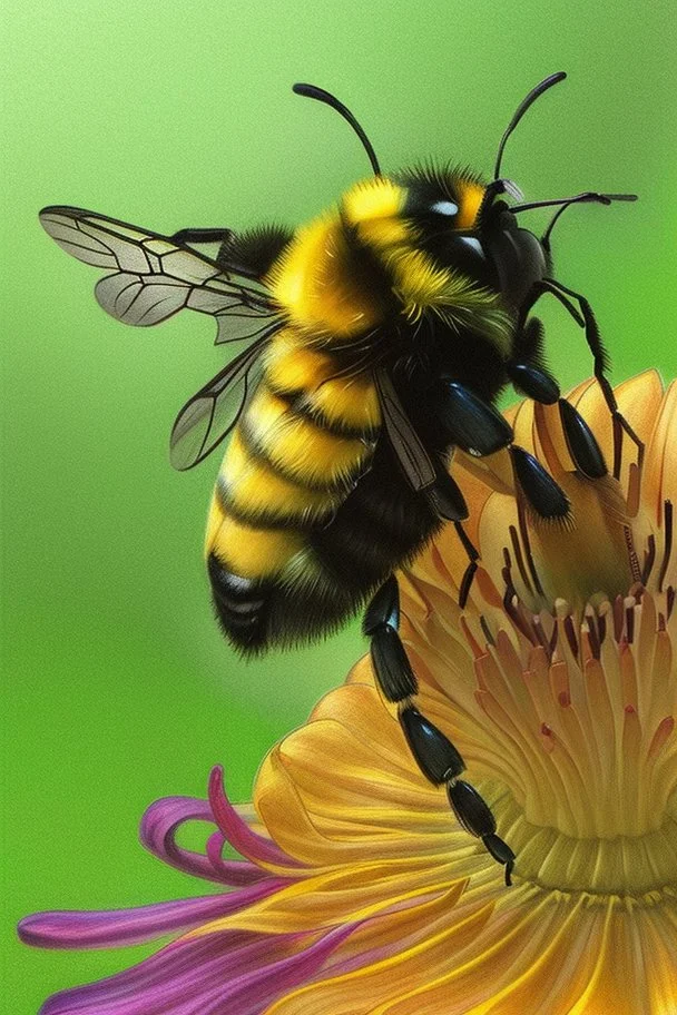 Realistic drawing with colored pencils of a bumblebee and a flower