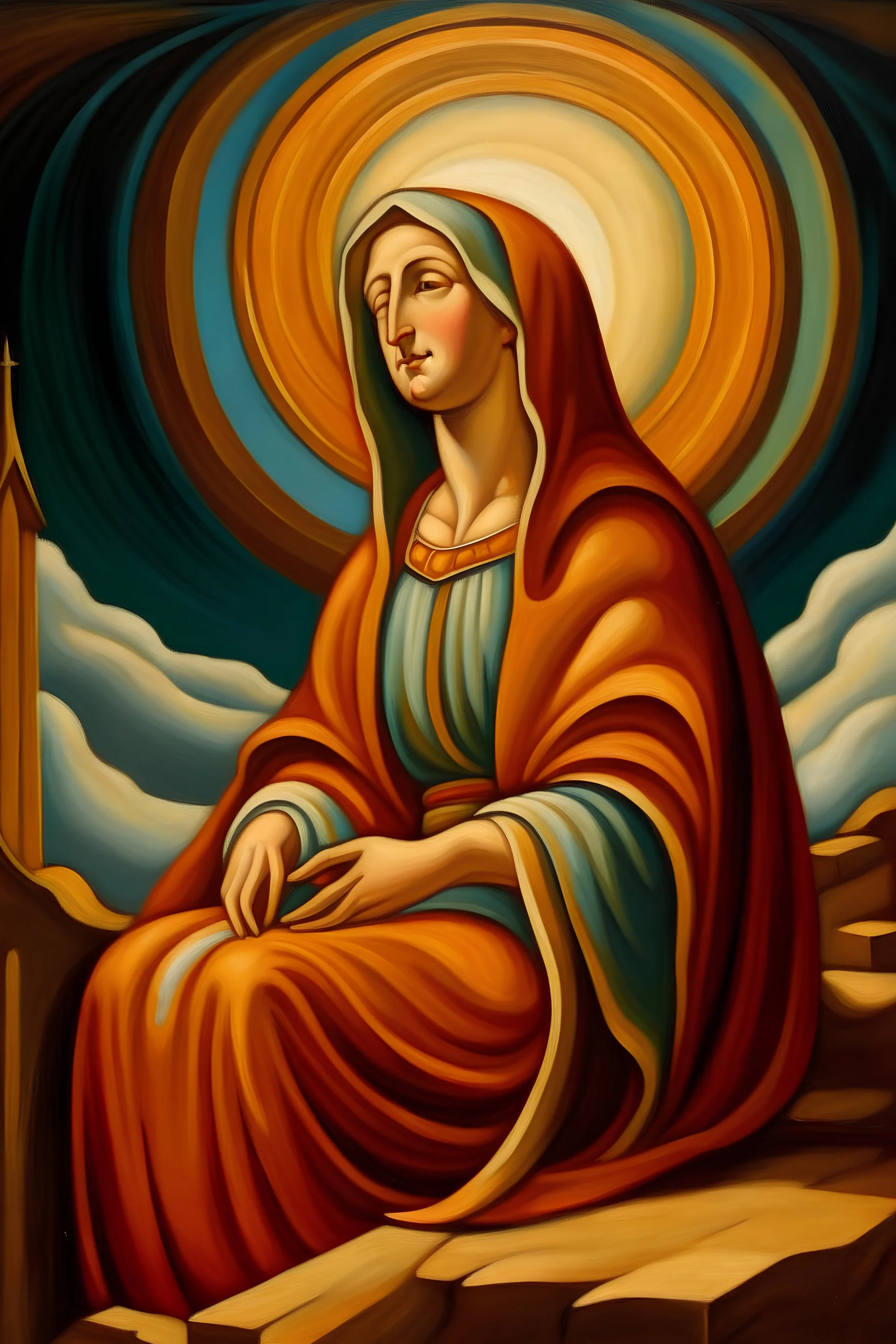 A painting of the Virgin Mary in the style of Thomas Hart Benton