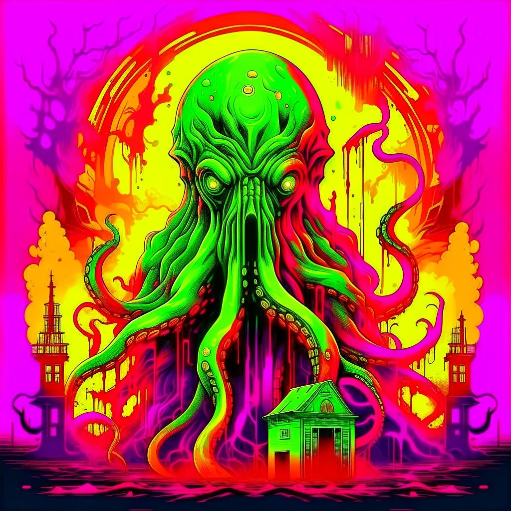 Exponential Cthulhu shift, surreal, by Victor Valla, acid wash mind-bending illustration; asymmetric, warm neon colors, shine burn, atmosphere guided by N(t)=N0​⋅e−kt