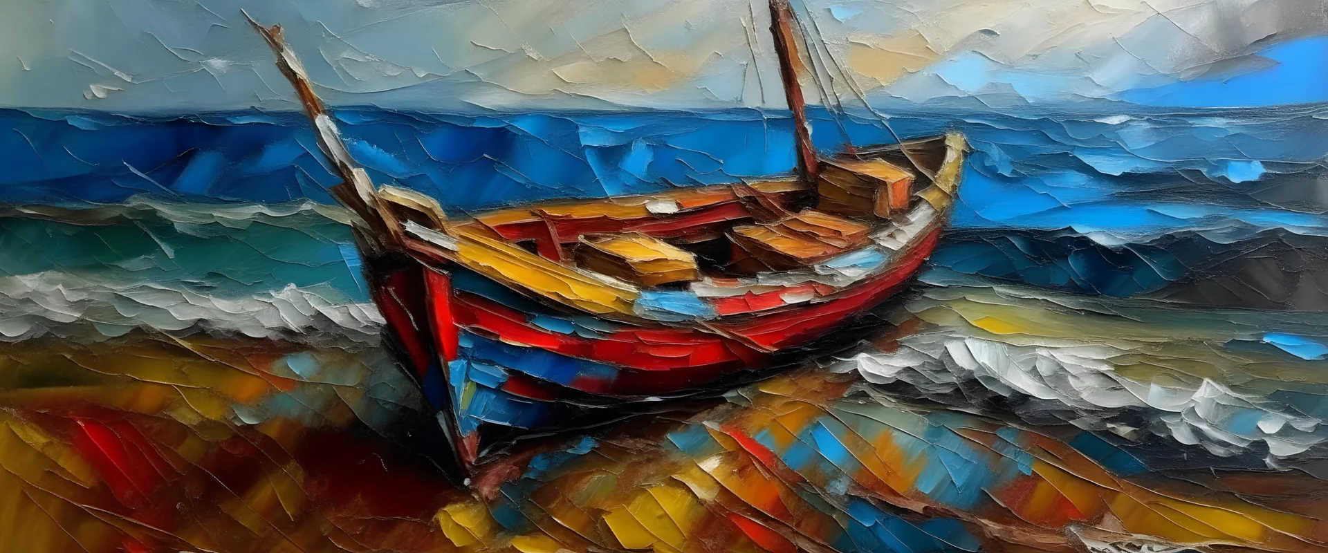 a painting boat and sea, oil paint impasto reliefs