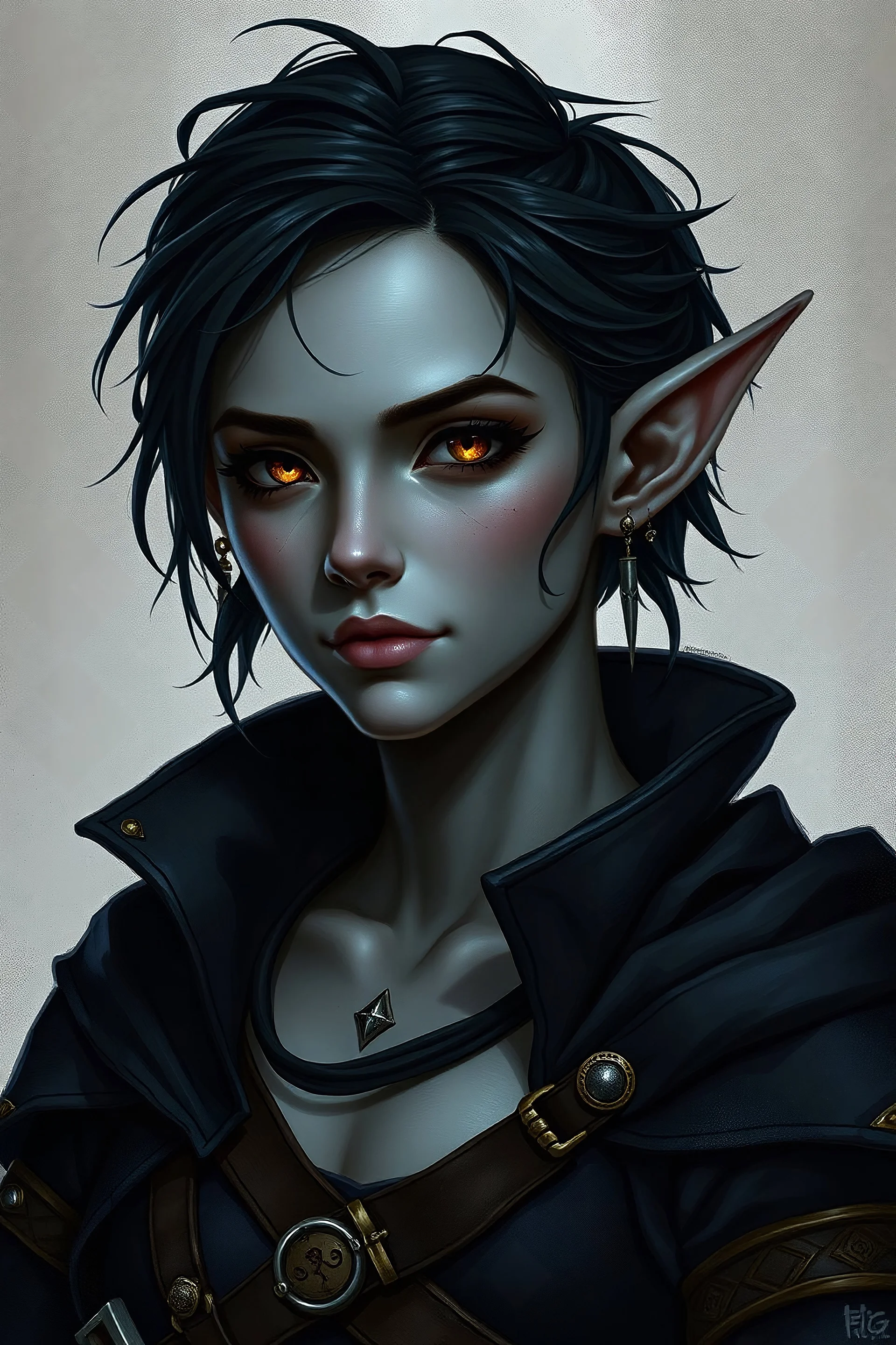 dungeons and dragons elf female warlock, gray skin, short ink black hair, dark gold eyes , has several silver ear piercings ,wears clothes made for clandestine night missions, portrait