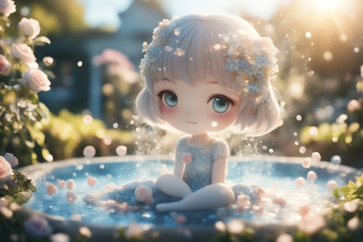 double exposure, only dots and pebbles, cute chibi anime girl, fountain, garden, forget me nots and roses in sunshine, backlit, ethereal, cinematic postprocessing, bokeh, dof