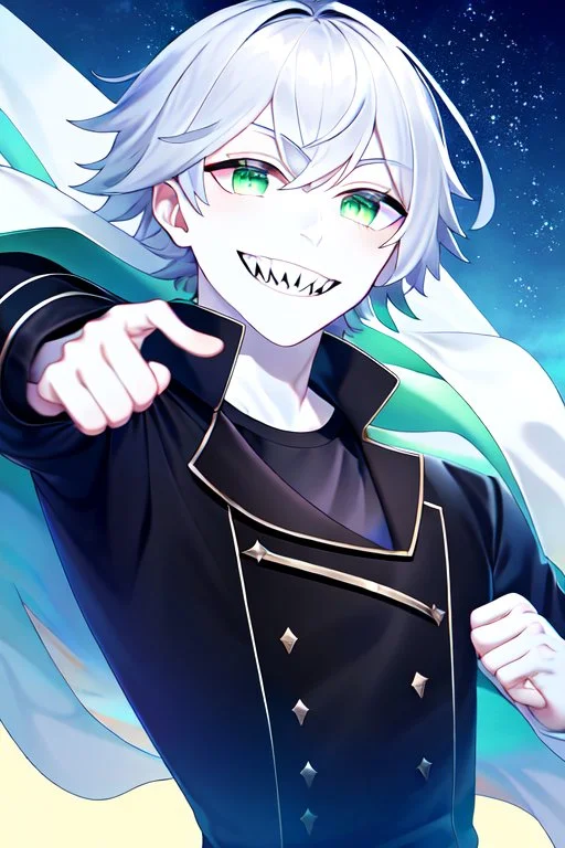 plauge doctor in balck leather clothes with silver hair, pale skin and bright green eyes smiling with sharp teeth, nice young face, male, viscious smile