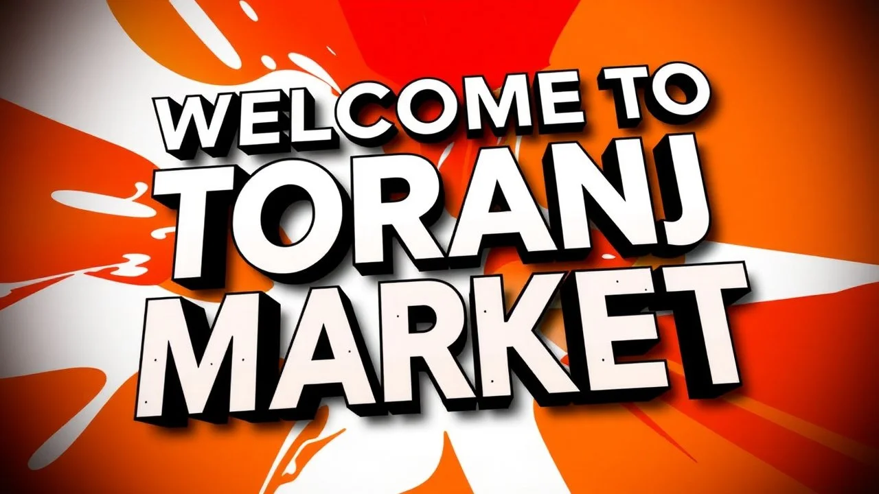 A design with the text (WELCOM TO TORANJ PLUS MARKET) in the middle of the image in a raised, three-dimensional manner with black shadows on an attractive orange, red, and white background.