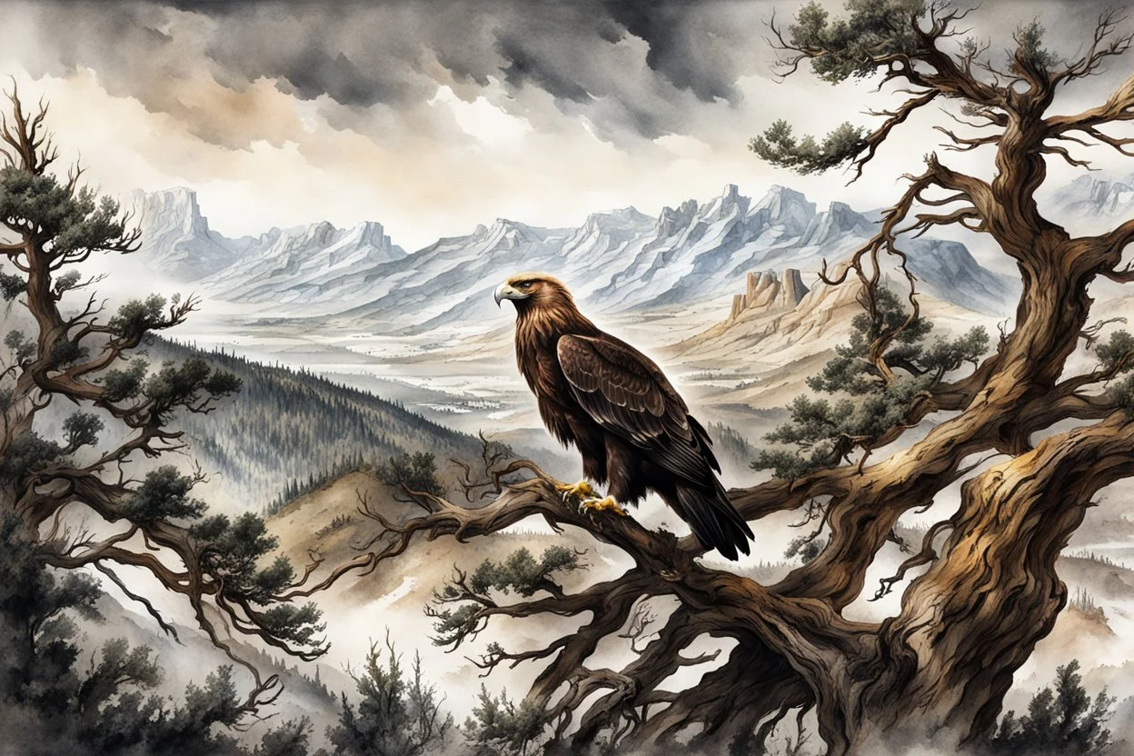 museum quality ink wash and watercolor painting of a Golden Eagle perches in the branches of an ancient, gnarled and twisted, Bristlecone Pine, on a remote plateau in the Rocky Mountains in the style of Karl Bodmer, and Winslow Homer, rendered as an aquatint, with a fine art aesthetic, highly detailed , 8k UHD cinegraphic realism